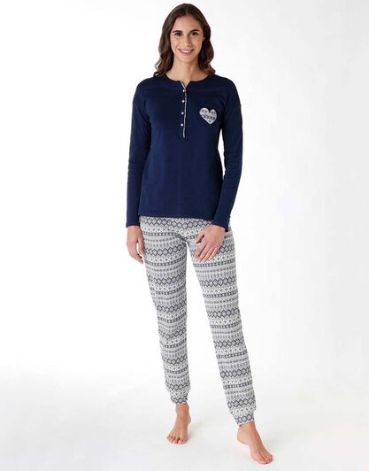 Pigiama donna lungo in 100% cotone interlock, blu, , LOVABLE