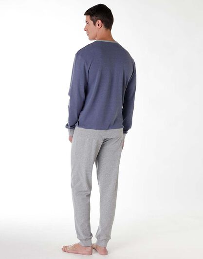 Pigiama lungo uomo in cotone interlock, blu melange con stampa, , LOVABLE