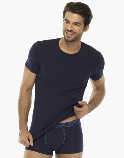 T-shirt manica corta blu notte in cotone elasticizzato con lunetta stampata, , LOVABLE