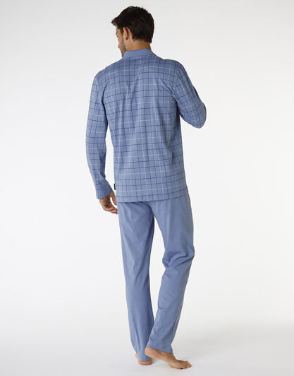Pigiama lungo in cotone, blu polvere con stampa a riquadri, , LOVABLE