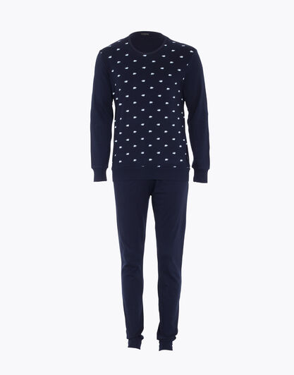 Pigiama manica e gamba lunga blu stampato in 100% cotone , , LOVABLE