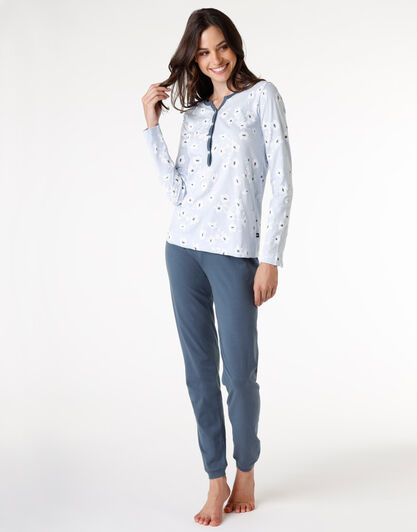 Pigiama donna lungo in jersey 100% cotone, azzurro stampato, , LOVABLE