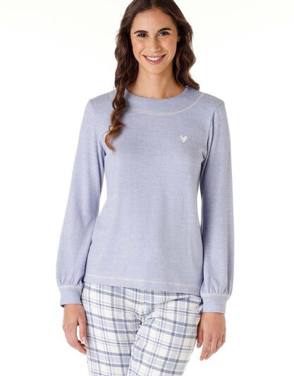 Pigiama lungo donna in maglia calda e flanella, azzurro polvere, , LOVABLE