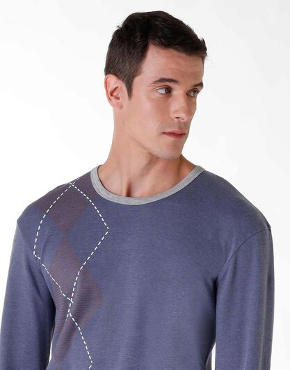 Pigiama lungo uomo in cotone interlock, blu melange con stampa, , LOVABLE