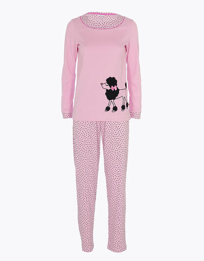Pigiama lungo in jersey di cotone, rosa con motivi e stampa, , LOVABLE