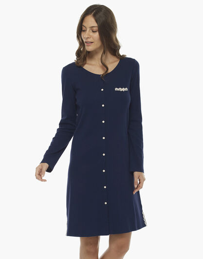 Camicia da notte manica lunga, blu, in cotone con inserti in pizzo , , LOVABLE