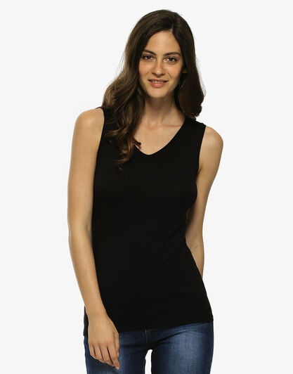 Canotta spalla larga Basic Soul nero, in viscosa con scollo a V, , LOVABLE