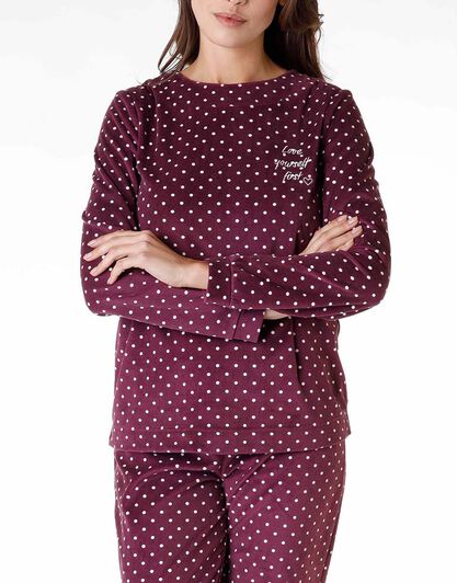 Pigiama lungo donna in micropile, bordeaux stampa pois, , LOVABLE