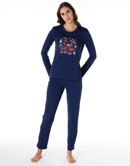 Pigiama donna lungo in 100% jersey di cotone, blu, , LOVABLE