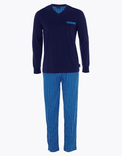 Pigiama lungo scollo a V in jersey, blu navy, , LOVABLE