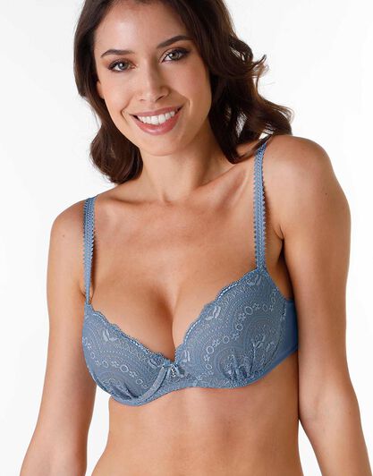 Reggiseno push-up balconcino in pizzo e tulle Celebrity, blu polvere, , LOVABLE