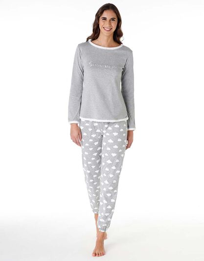 Pigiama donna lungo in cotone interlock, grigio melange con stampa, , LOVABLE