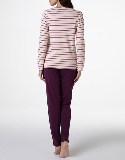 Pigiama Lungo in Interlock, righe avorio, rosa e vinaccia, , LOVABLE