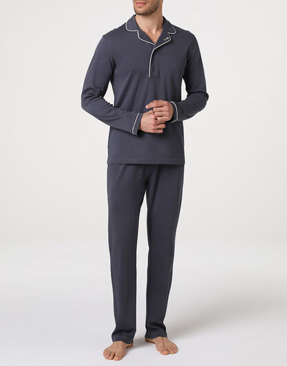 Pigiama Lungo Collo Serafino in Interlock, ebano,  Pigiama Lungo Collo Serafino in Interlock, ebano, , LOVABLE