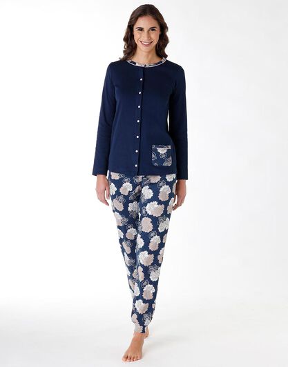 Pigiama lungo donna in 100% cotone interlock, blu con stampa fiori, , LOVABLE