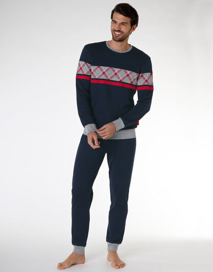 Pigiama uomo lungo in cotone interlock, blu navy, , LOVABLE