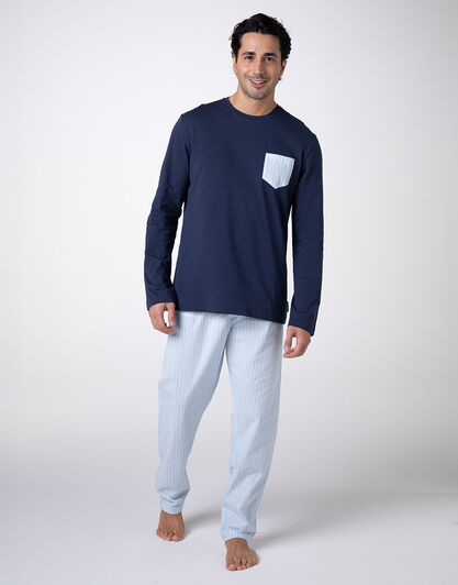 Pigiama lungo girocollo jersey e tela, blu navy, , LOVABLE
