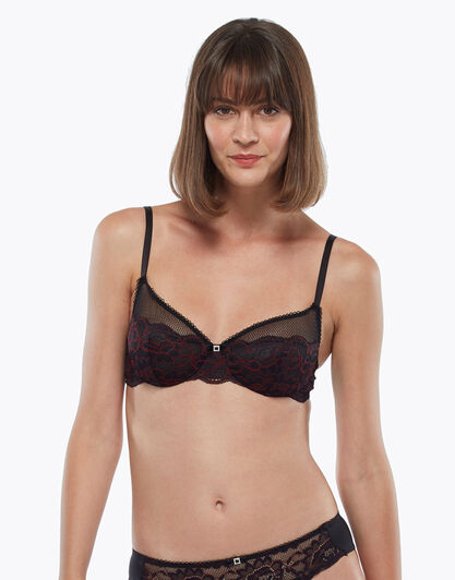 Reggiseno con ferretto, nero e rosso in pizzo con fiocco gioiello, , LOVABLE