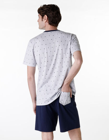 Pigiama corto serafino jersey, grigio riga e stampine allover, , LOVABLE