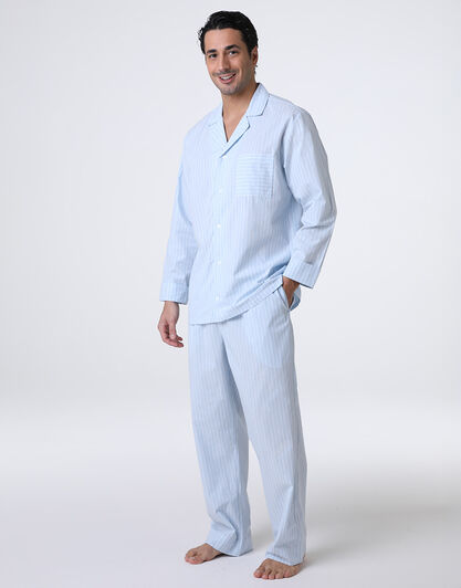 Pigiama lungo aperto unisex in tela di cotone, azzurro a righe, , LOVABLE