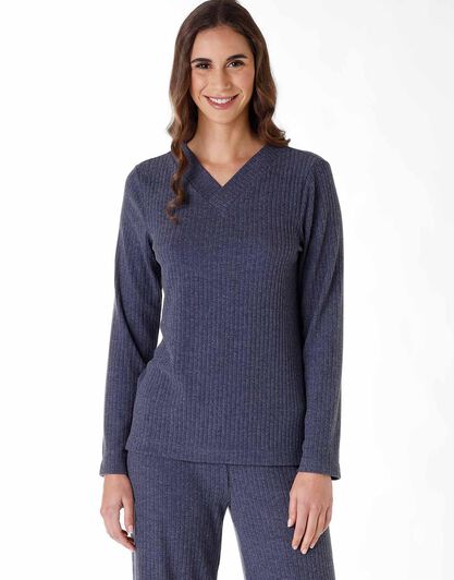 Pigiama lungo donna in costina calda, blu melange, , LOVABLE