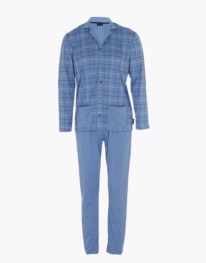 Pigiama lungo in cotone, blu polvere con stampa a riquadri, , LOVABLE