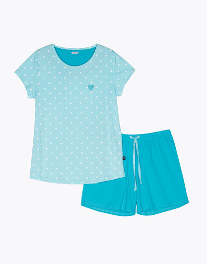 Pigiama corto girocollo in jersey, verde acqua con cuori, , LOVABLE