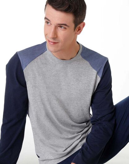 Pigiama lungo uomo in jersey di cotone, grigio melange e blu, , LOVABLE