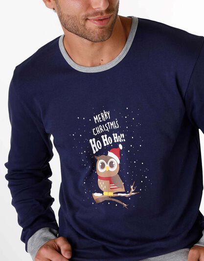 Pigiama lungo uomo in cotone interlock, blu navy con stampa gufetto, , LOVABLE