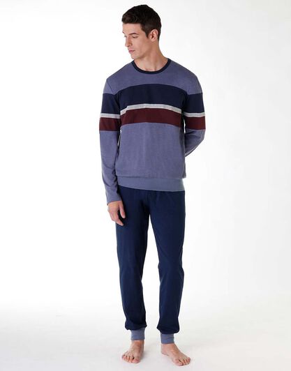 Pigiama lungo uomo in jersey di cotone, blu melange, , LOVABLE