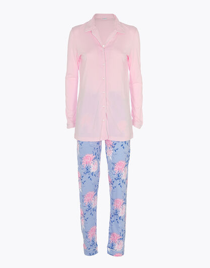 Pigiama lungo aperto in cotone modal, rosa con stampa floreale, , LOVABLE