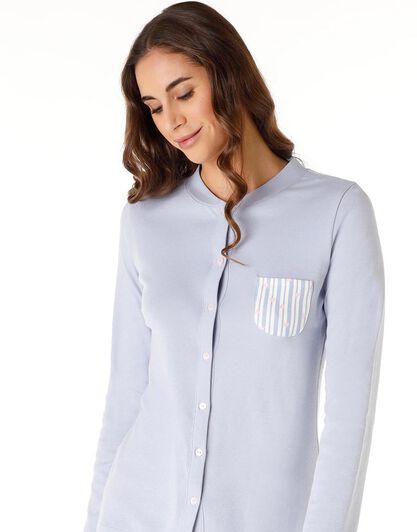 Pigiama lungo donna in 100% cotone interlock, blu polvere, , LOVABLE
