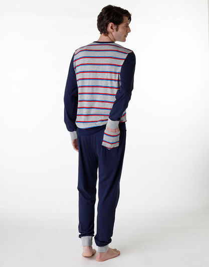 Pigiama lungo girocollo in jersey di cotone, grigio melange rigato, , LOVABLE