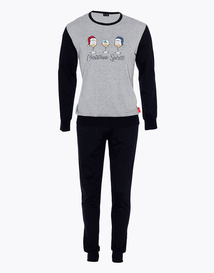 Pigiama lungo uomo in jersey di cotone, stampa Christmas Spirits, , LOVABLE