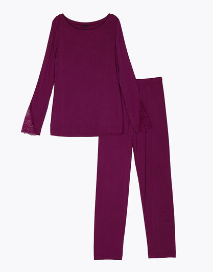Pigiama lungo con scollo a barchetta in Modal, bordeaux, , LOVABLE