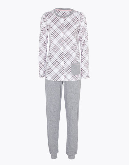 Pigiama lungo aperto in interlock di cotone, grigio con stampa a quadri, , LOVABLE