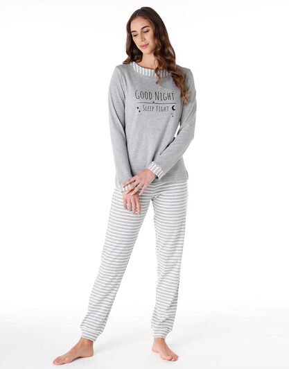 Pigiama lungo donna in cotone interlock, grigio melange con stampa, , LOVABLE