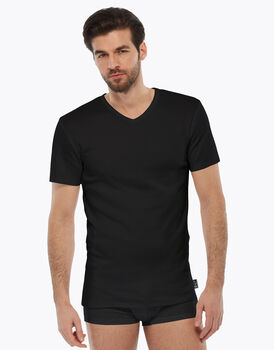 T-shirt manica corta nero in interlock di cotone con scollo a V, , LOVABLE