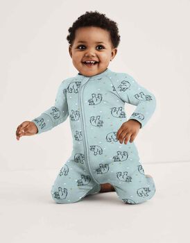 Tutina lunga per neonato con zip in ciniglia elasticizzata, azzurra stampa rinoceronte, , LOVABLE