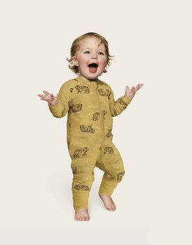 Tutina lunga per neonato con zip in ciniglia elasticizzata, gialla stampa tigre, , LOVABLE