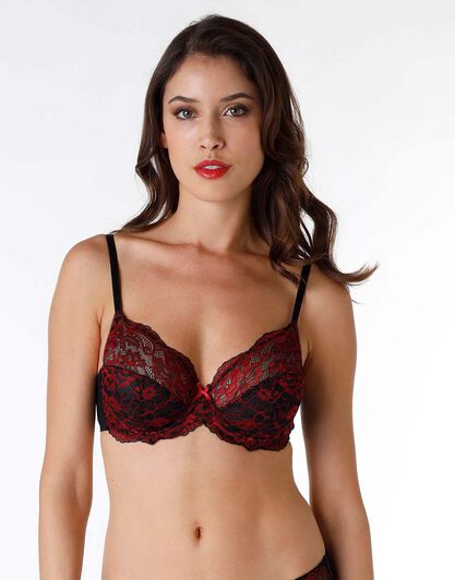 Reggiseno con ferretto Sophisticated Lace in pizzo e tulle, nero e rosso, , LOVABLE