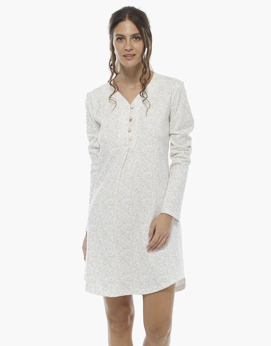 Camicia da notte manica lunga stampa foliage in interlock 100 cotone