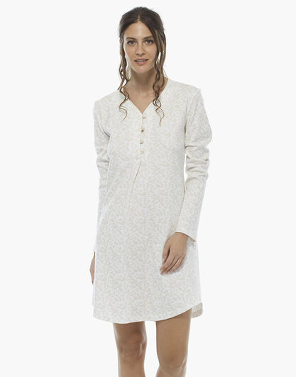 Camicia da notte manica lunga stampa foliage, in interlock 100% cotone , , LOVABLE
