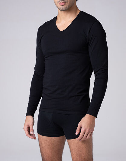 Maglia Manica Lunga scollo a V Cool Sensation in Stretch Cotton, nero,  Maglia Manica Lunga scollo a V Cool Sensation in Stretch Cotton, nero, , LOVABLE