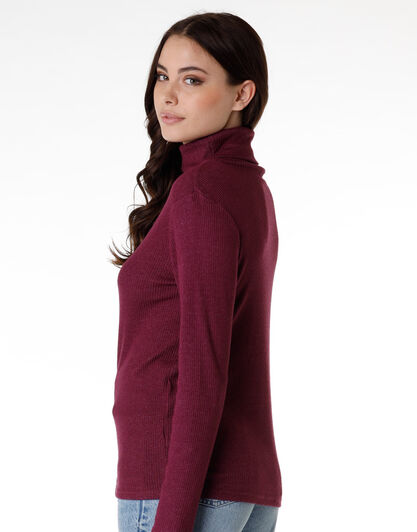 Maglia manica lunga collo alto Basic Soul in rib viscosa, bordeaux, , LOVABLE