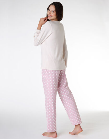 Pigiama lungo donna in flanella, avorio e rosa con pois, , LOVABLE