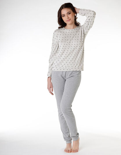 Pigiama donna lungo in cotone interlock, avorio con cuori, , LOVABLE