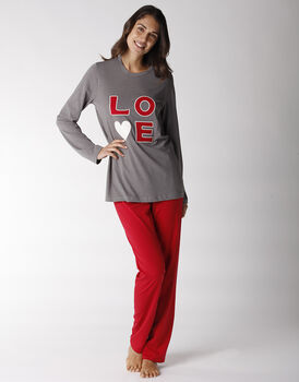 Pigiama donna in jersey con stampa love, grigio e rosso, , LOVABLE