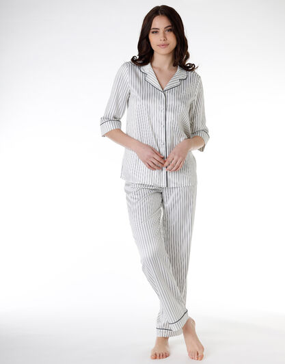 Camicia del pigiama con maniche a ¾ in satin, righe bianche e nere, , LOVABLE