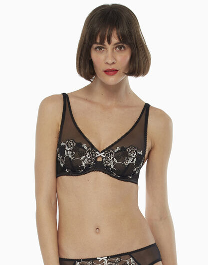 Reggiseno ferretto nero modellistica a vela, in tulle e raso elasticizzato, , LOVABLE